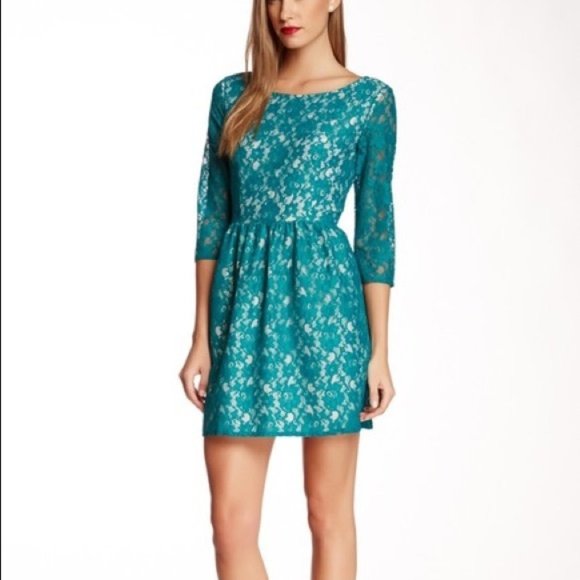 French Connection Teal Lace Long Sleeve Dress - Picture 1 of 14
